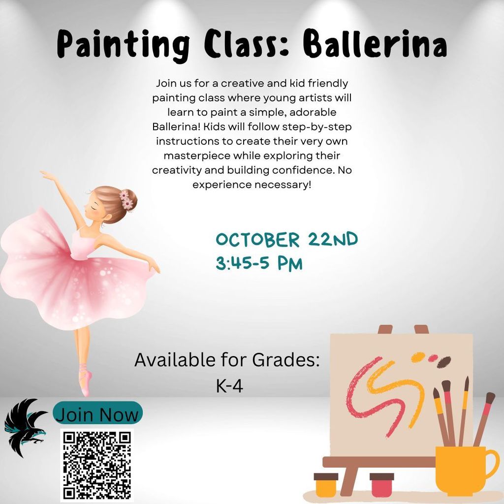 Join us for a creative and kid friendly painting class where young artists will learn to paint a simple, adorable Ballerina! Kids will follow step-by-step instructions to create their very own masterpiece while exploring their creativity and building confidence.  No experience necessary!