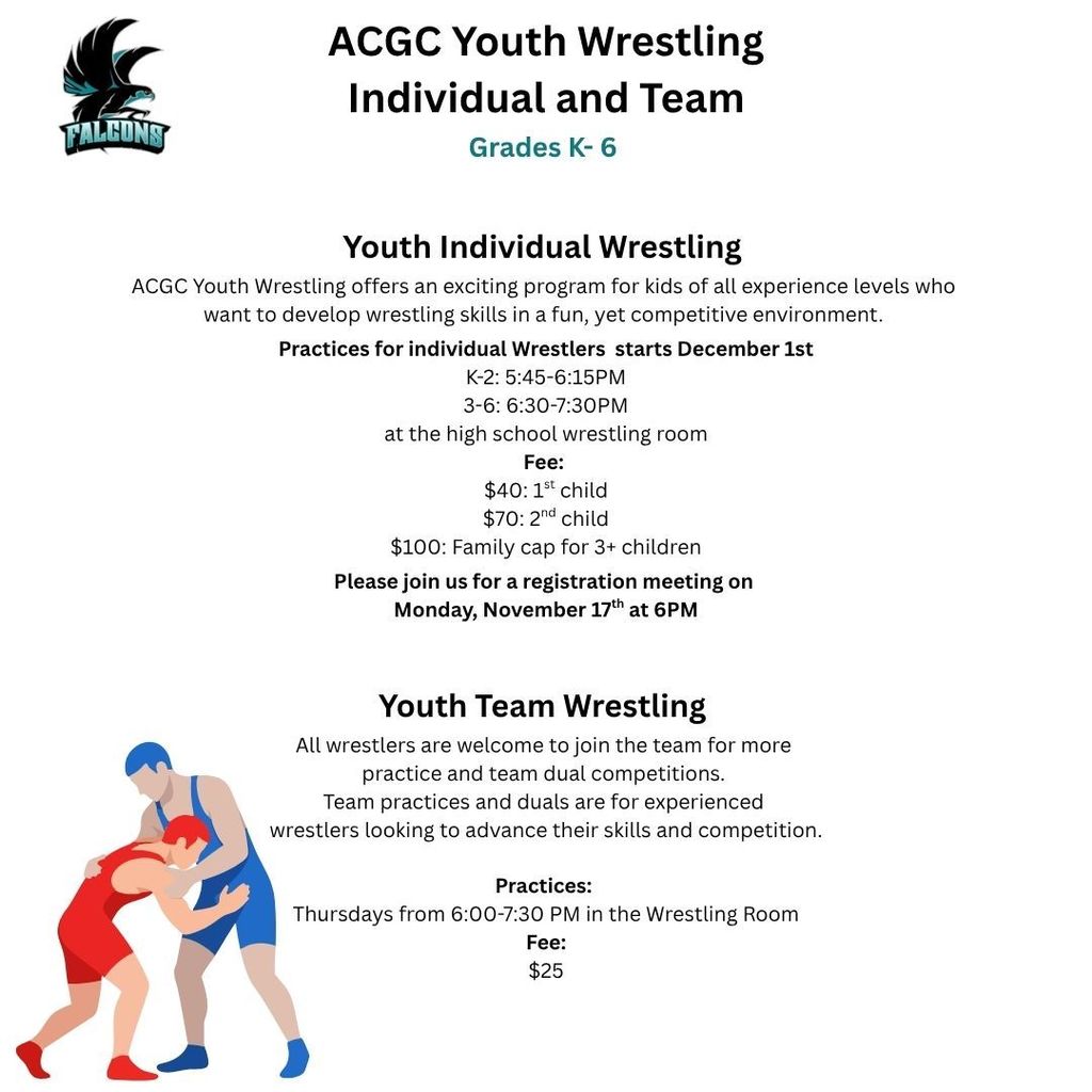 We are offering 2 wrestling opportunities for Grade K-6! The first one is for individual wrestlers who want to develop wrestling skills in a fun, yet competitive environment.  The second is for Team wrestling!  All wrestlers are welcome to join the team for more practice and team dual competitions. Team practices and duals are for experienced wrestlers looking to advance their skills and competition.  Online registration for Individual wrestlers: https://docs.google.com/forms/d/e/1FAIpQLSdBmbma7E-PMkHlO8Fr_T52XIyc6jifL6XvwSKLHmnFzygsrQ/viewform  Online registration for Team wrestlers: https://docs.google.com/forms/d/e/1FAIpQLSfRr34lka3cTf4xugA6UaKfsUvqhL1U9oRMBv1XYKMdAjlqVA/viewform