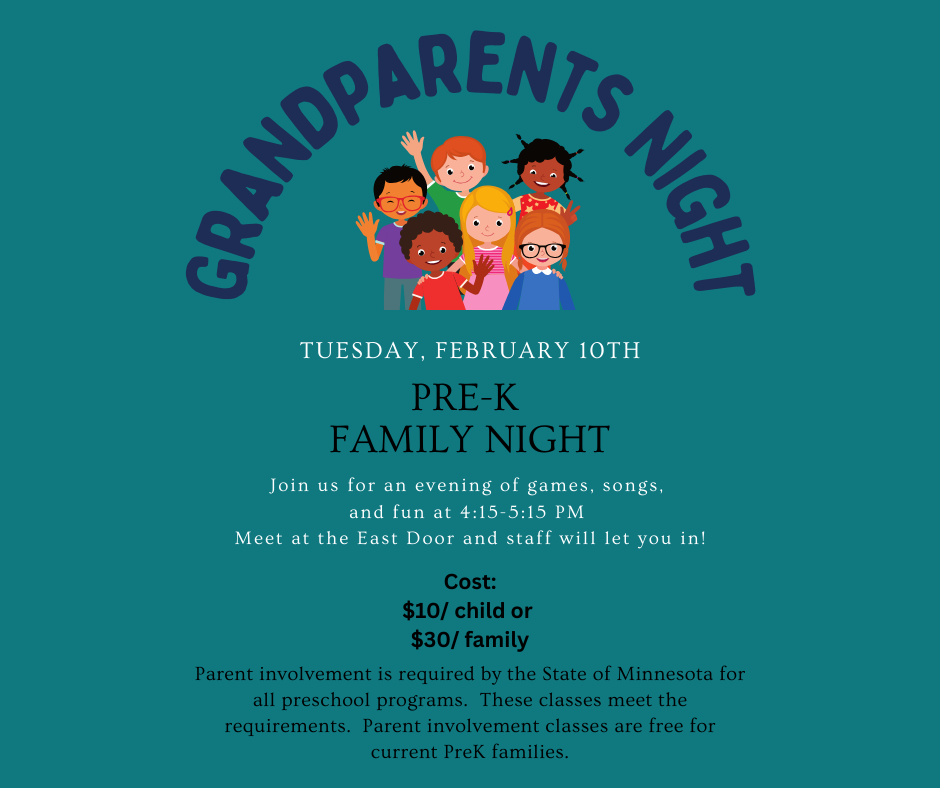 Come join our Preschoolers for a fun Grandparents Night Event!   Cost: $10 per child or $30/ Family. 