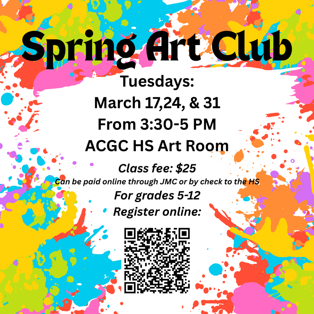 Register now for Spring Art Club!  This club is for grades 5-12.  Register online: https://docs.google.com/forms/d/e/1FAIpQLSf95TtRIlKmuU02Ix3dLzy4eOlPjghoiNnmw1r19rmcMNapDQ/viewform