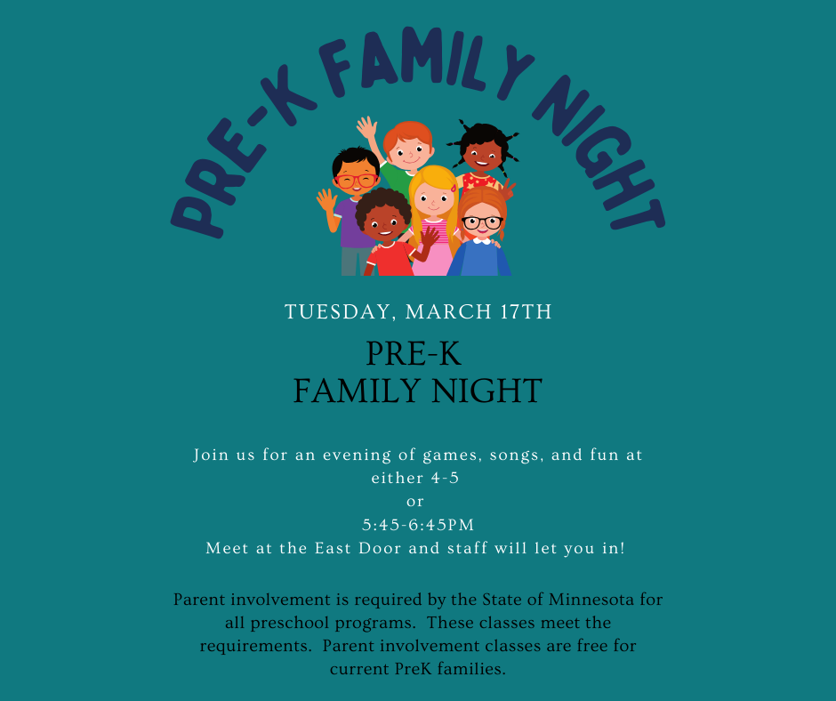 Parent involvement is required by the State of Minnesota for all preschool programs. These classes meet the requirements. Parent involvement classes are free for current PreK families. 
