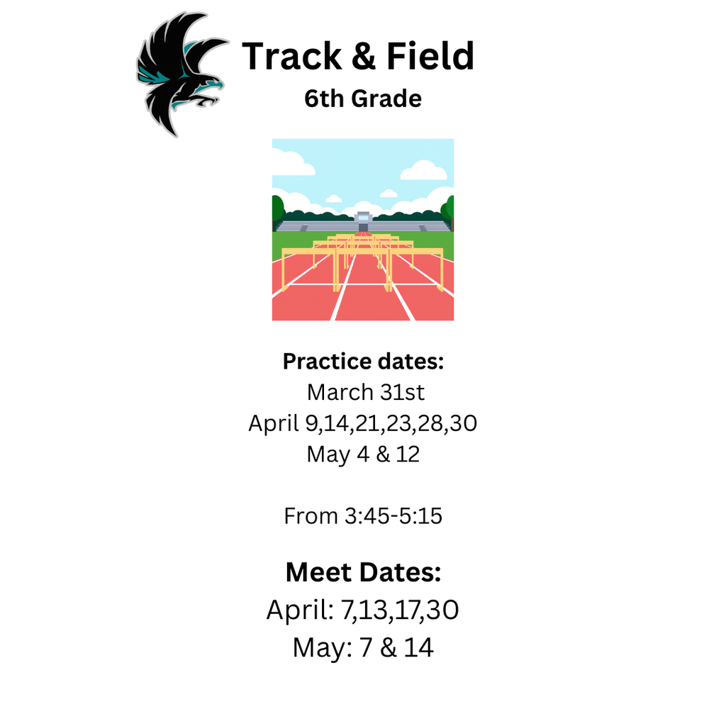 Attentions all 6th Graders!  6th Grade Track and Field Registration is now open! Register online: https://docs.google.com/forms/d/e/1FAIpQLSfC18-cTy7vnQT3ZaZeKatEpziq1SoQoczuHA85dtXT6DV2BA/viewform