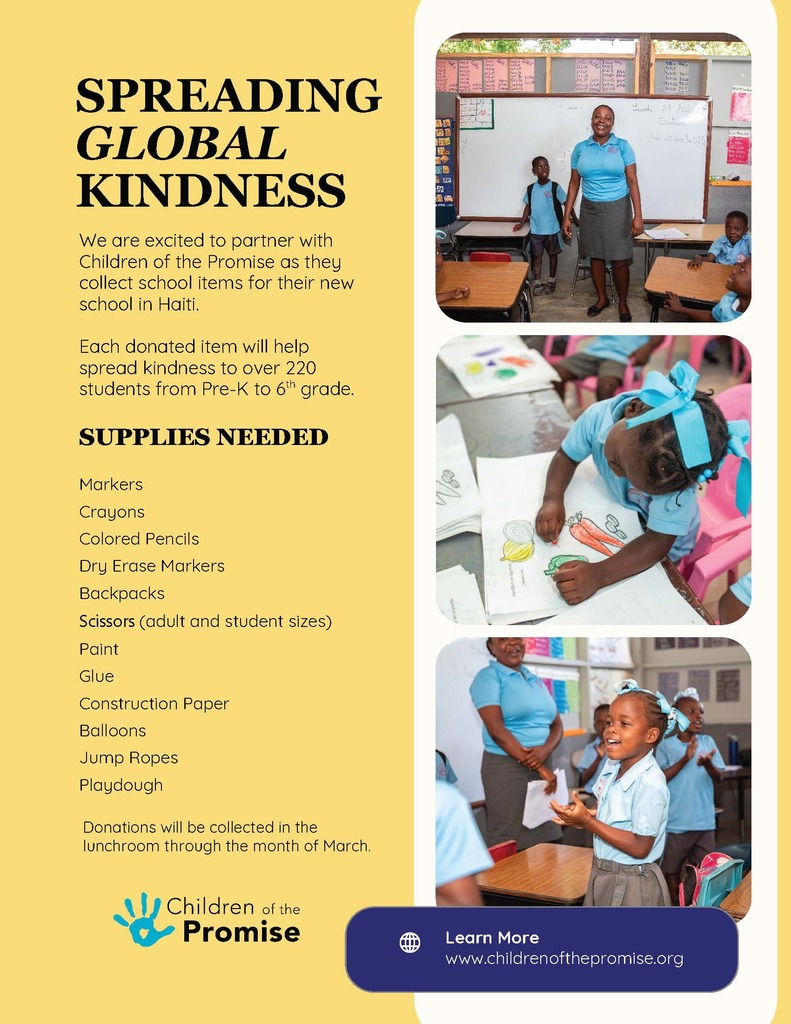 Children of the promise global kindness school supply drive flyer