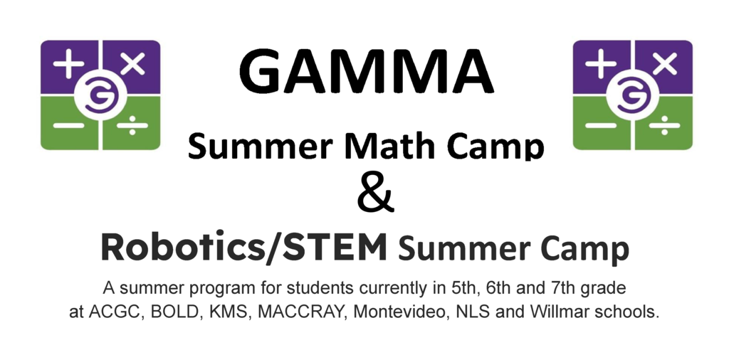 Gamma Logo, Math symbols in white on purple and green backgrounds. GAMMA Summer Math Camp, Robotics/Stem Summer Camp.
