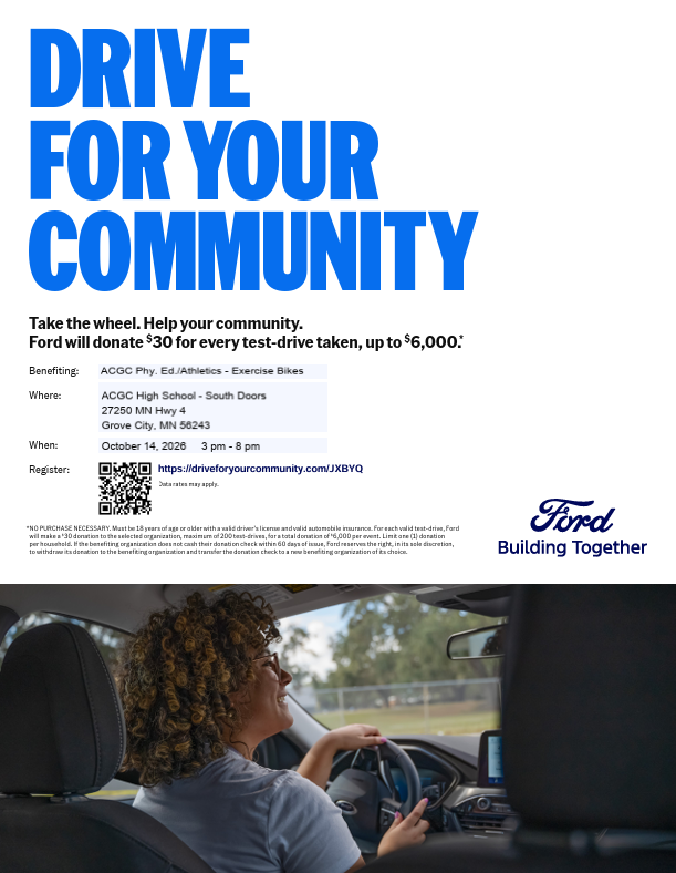 Drive for your Community Fundraiser Poster. Text from poster included in Post. Image of a smiling person test driving a car.