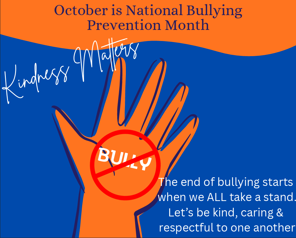 October is National Bullying Prevention Month - Kindness Matters - The end of bullying starts when we ALL take a stand. Let's be kind, caring & respectful to one another.