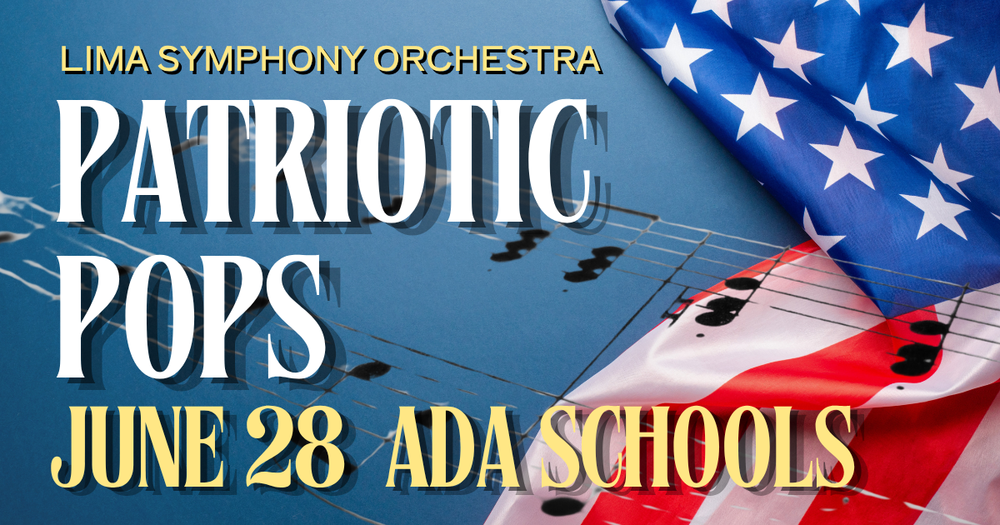 American flag background with yellow and white text announcing the concert