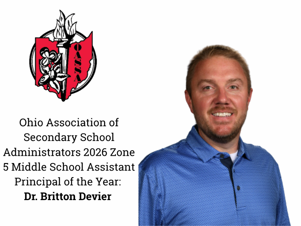 Headshot of man in blue shirt with red ohio state image and black text