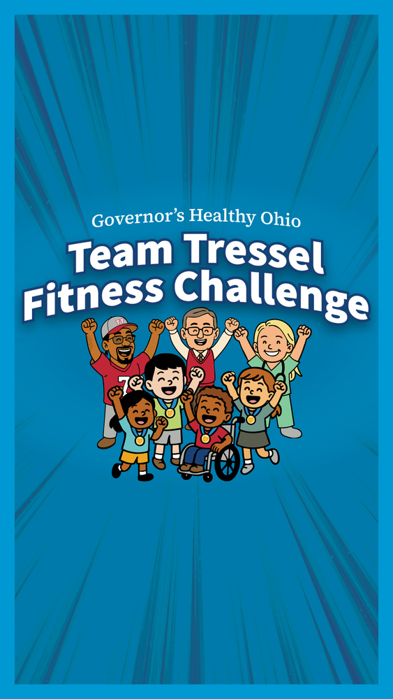 Governor's healty Ohio Team Tressel Fitness Challenge graphic of carton people cheering