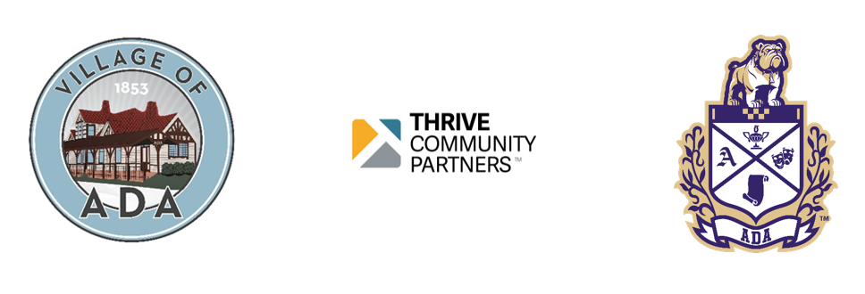Village of Ada logo, Thrive Community logo, Ada Schools logo
