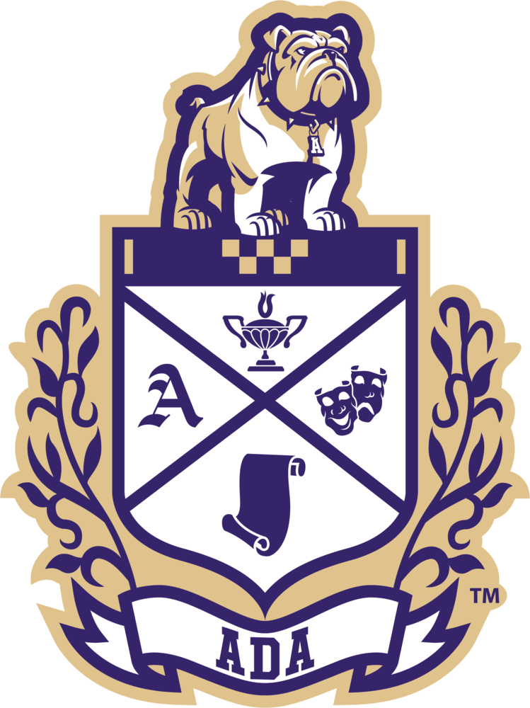 Bulldog image with purple and gold crest
