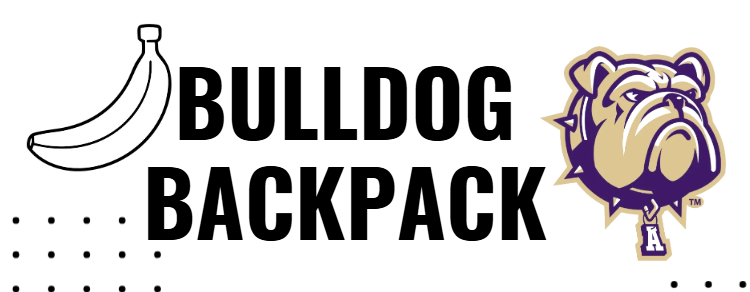 white graphic with black text, a banana and a bulldog head logo