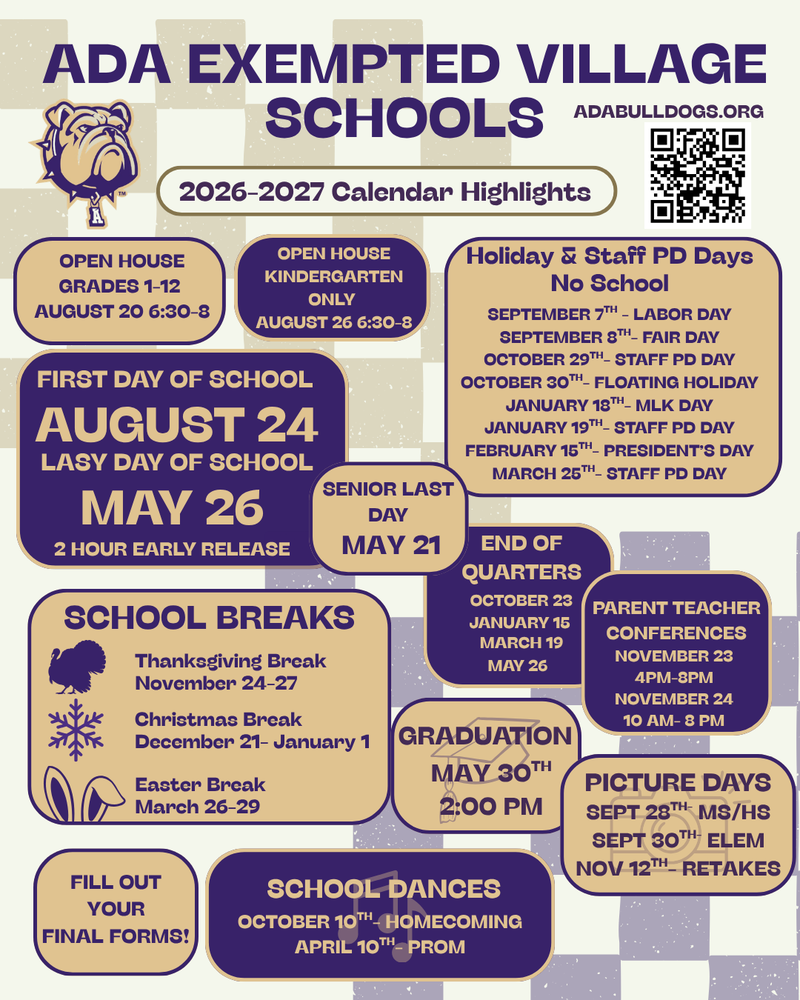 Purple and gold checkered designed flyer with bubbles and dates in purple and gold text