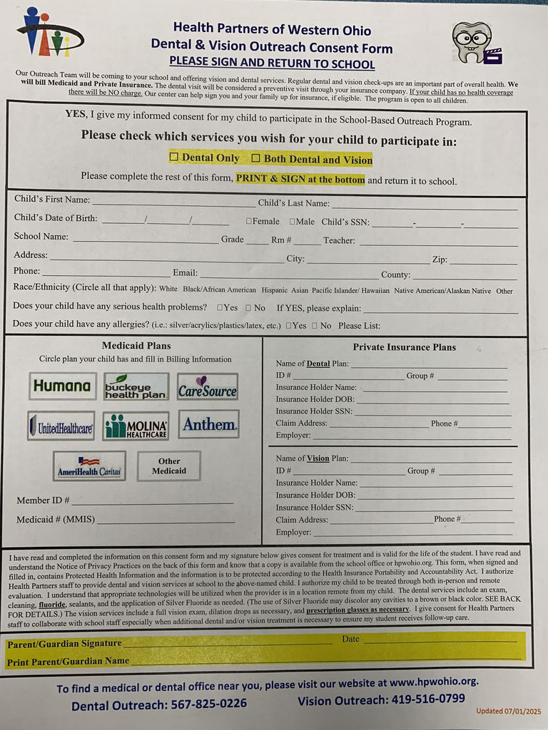 Dental and Vision form 2025