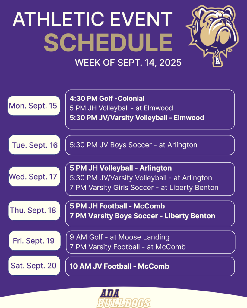 Ada Athletic schedule for the week of Sept. 14 - Sept. 20