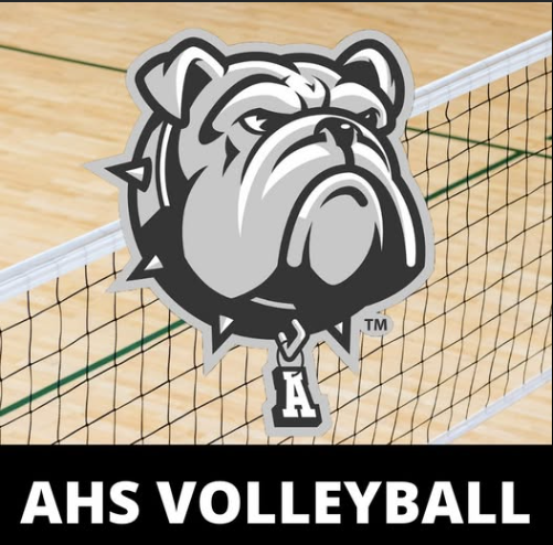 AHS volleyball, bulldog with volleyball net in background