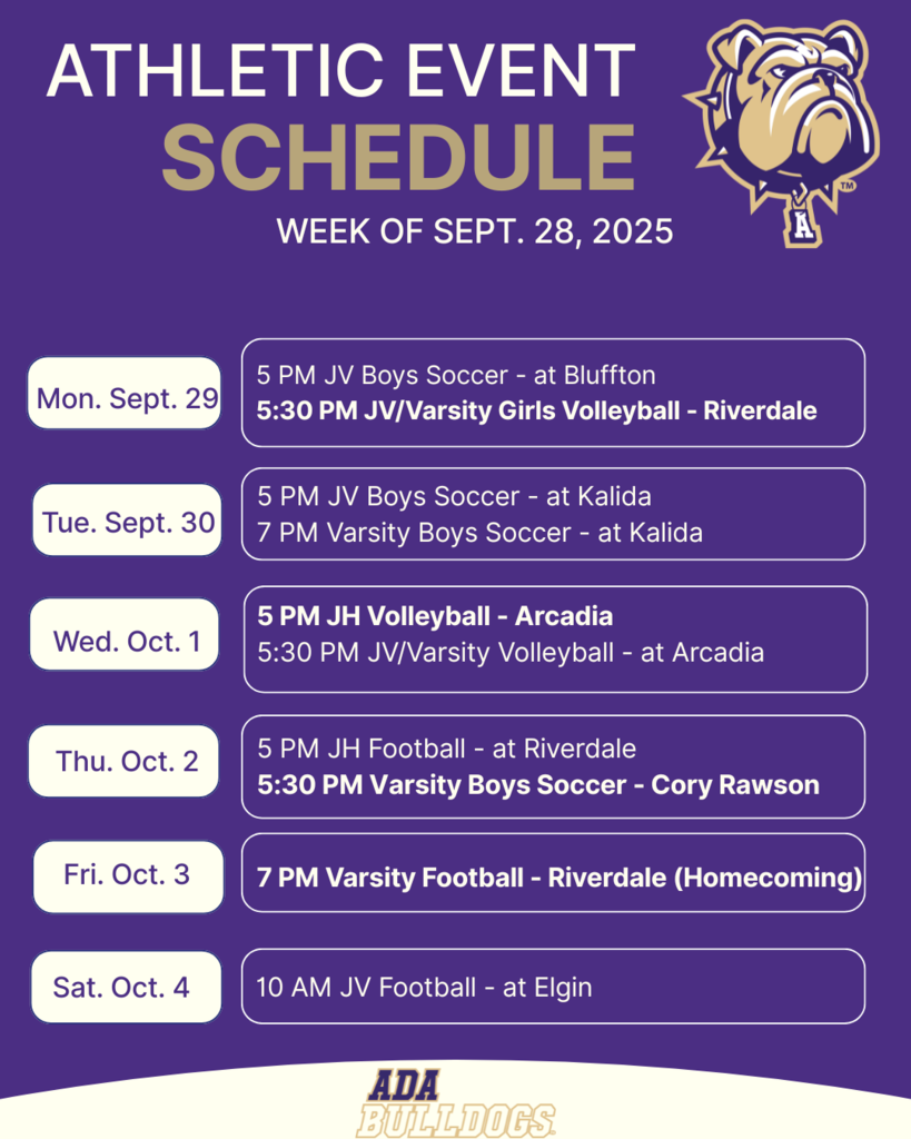 Ada Bulldog Athletic Schedule for the week of Sept. 28