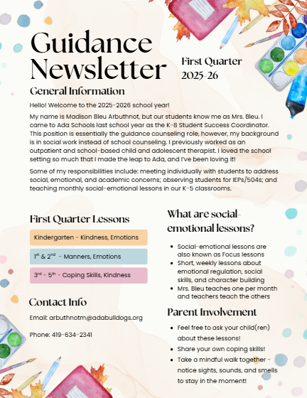 💛 Guidance Newsletter – 1st Quarter 💛 We’re excited to share a warm welcome from Mrs. Bleu, our K–8 Student Success Coordinator! 🌟 In her first-quarter newsletter, Mrs. Bleu introduces herself, highlights what students are learning in their social-emotional lessons, and shares ways families can support those lessons at home — from mindful walks to talking about emotions together.
