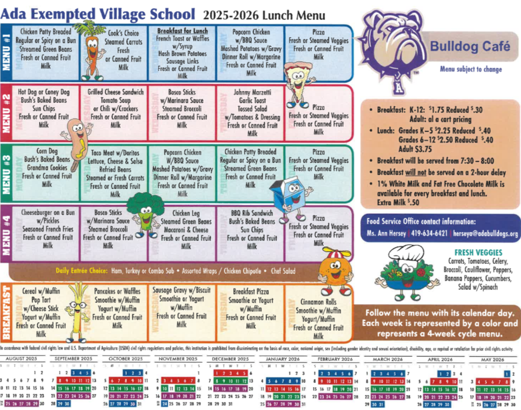 Ada 25-26 School lunch schedule