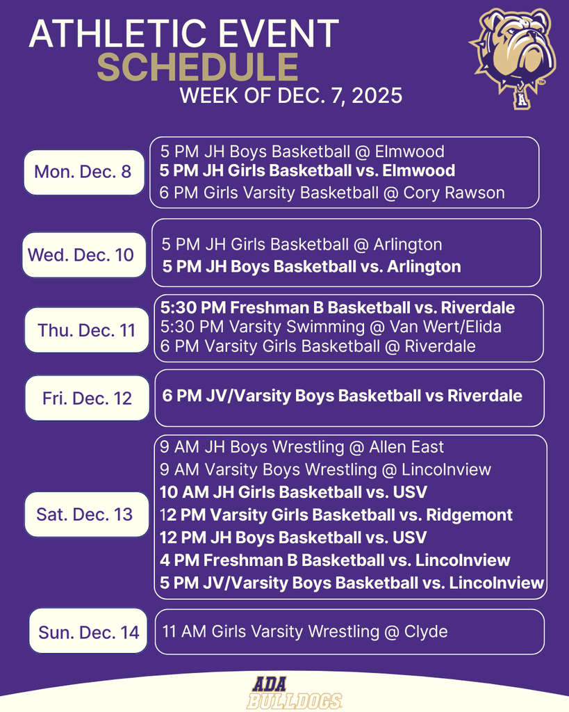 Week of Dec. 7th Athletic Schedule