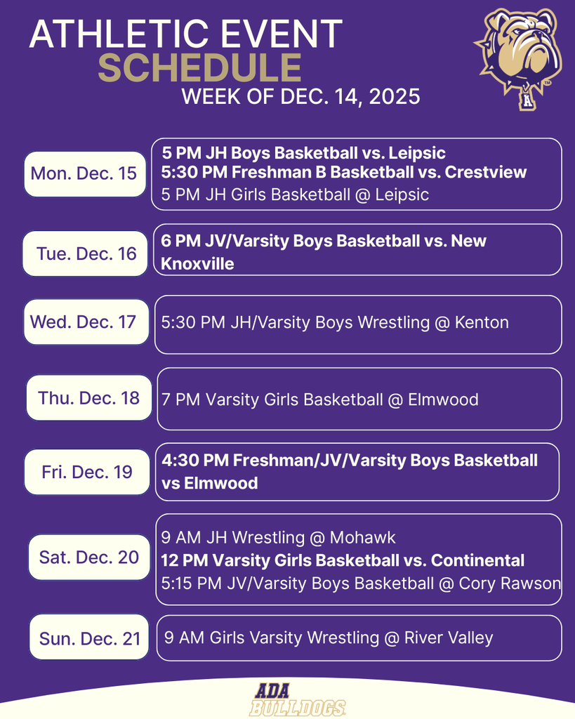 Ada Bulldogs athletic schedule for the week of Dec. 14, 2025