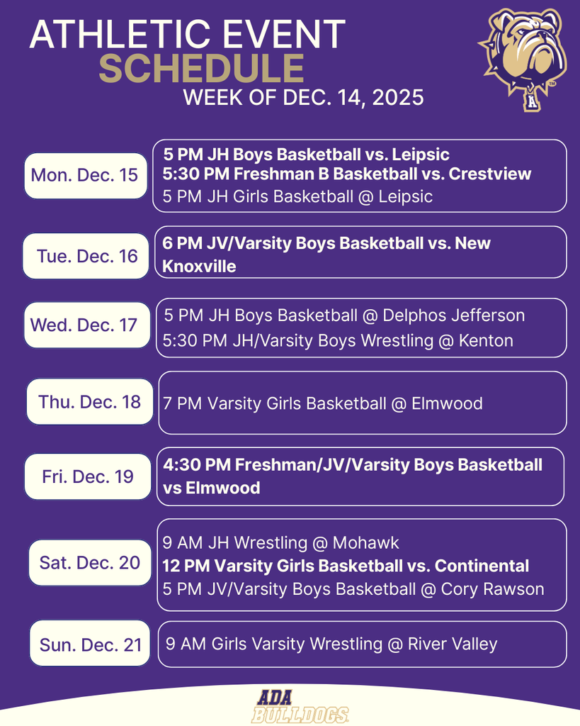 Athletic Schedule week of Dec. 14