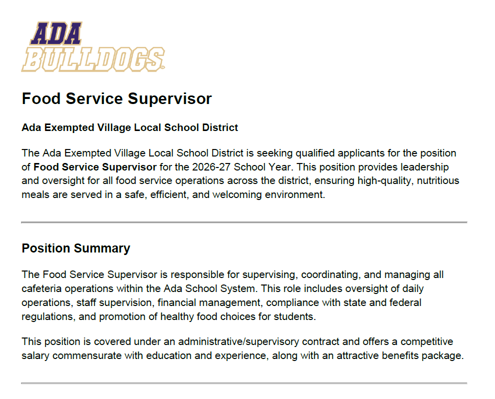 26-27 Food Service Supervisor job description 