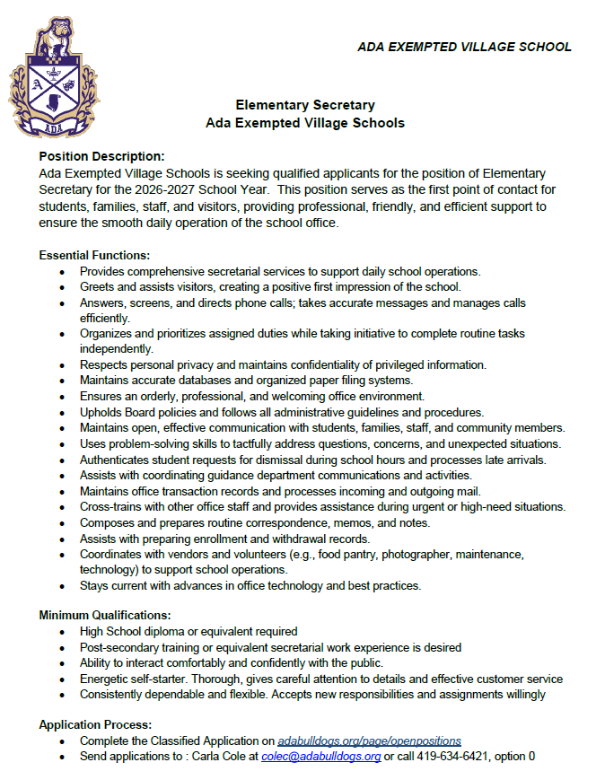 Elem Secretary Job Posting