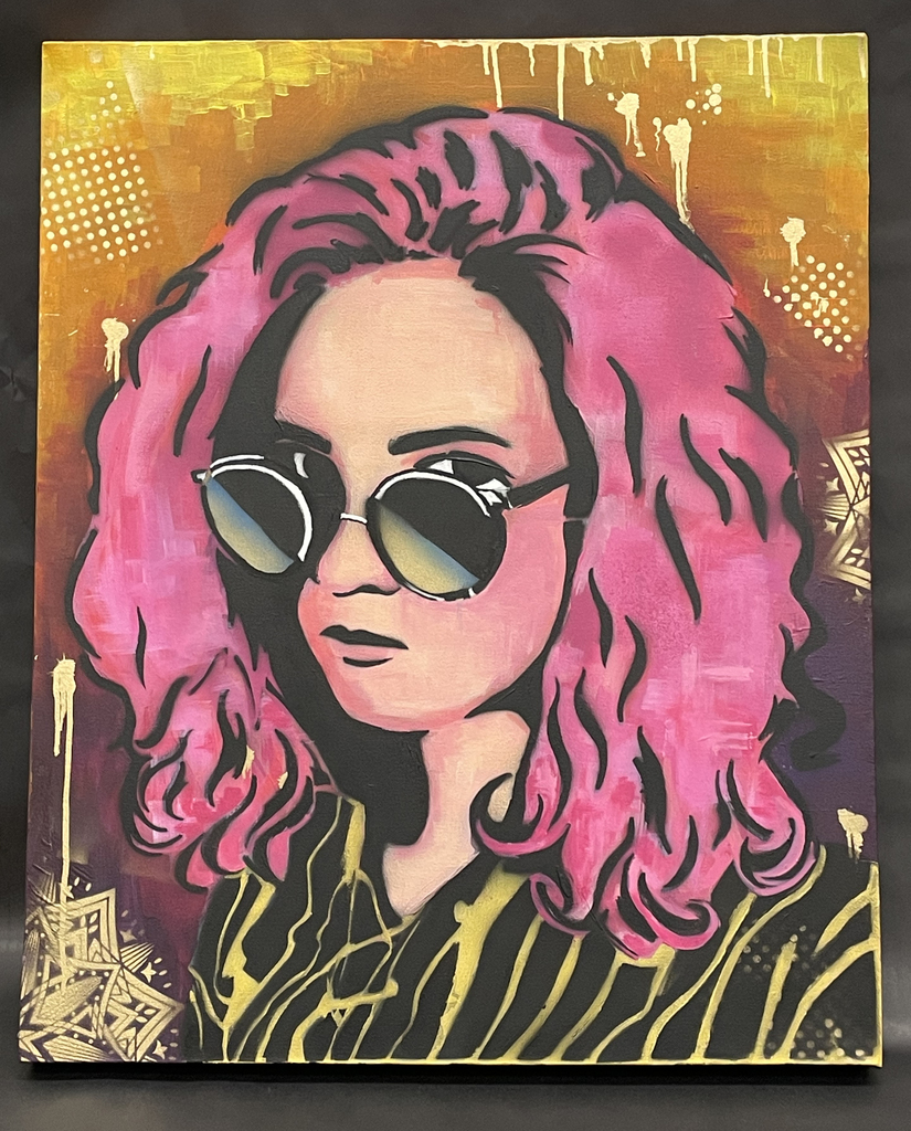 self portrait of girl with pink hair, sunglasses and black and yellow top 