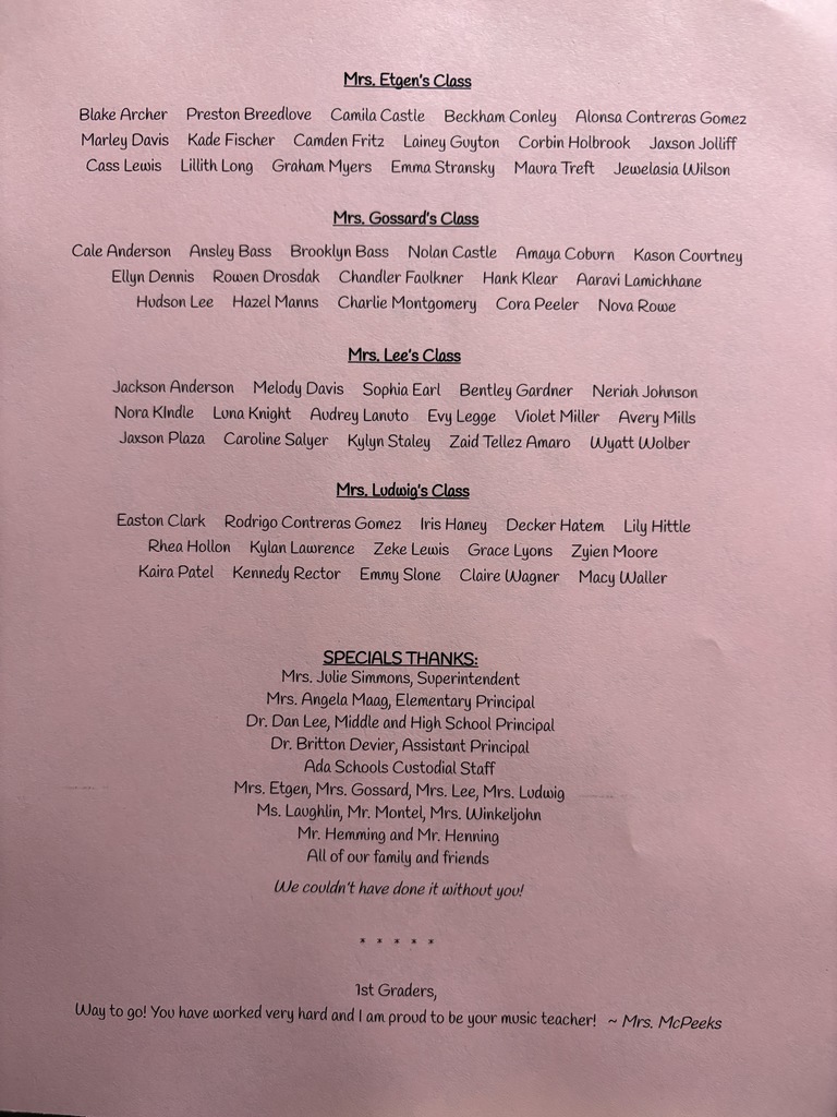 Program for 1st grade musical