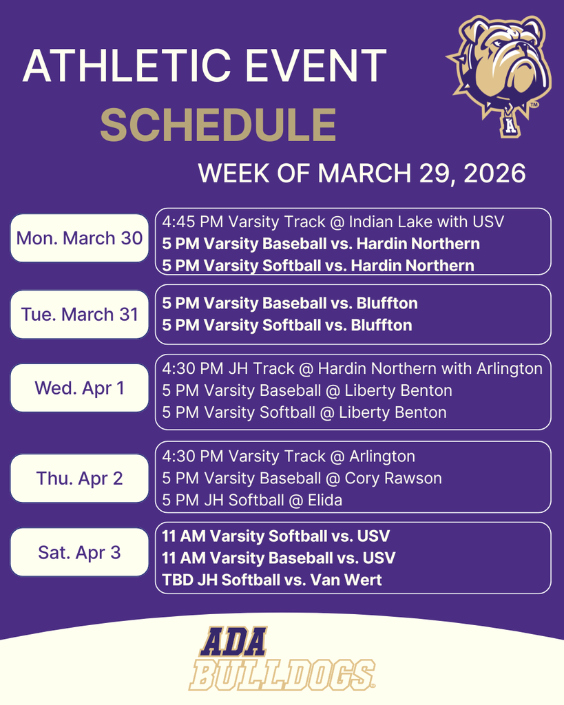 Week of March 29th Athletic Schedule 