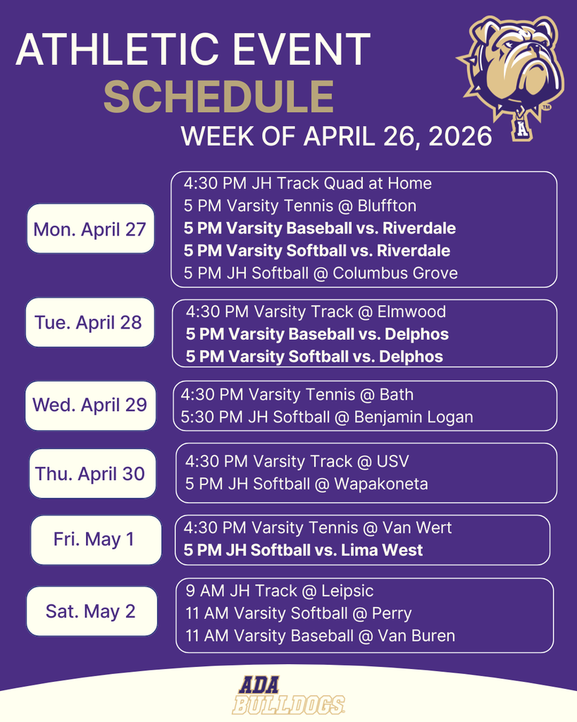 weekly schedule with purple background and white text including bulldog logo