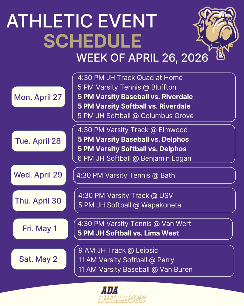 weekly schedule with purple background and bulldog logo