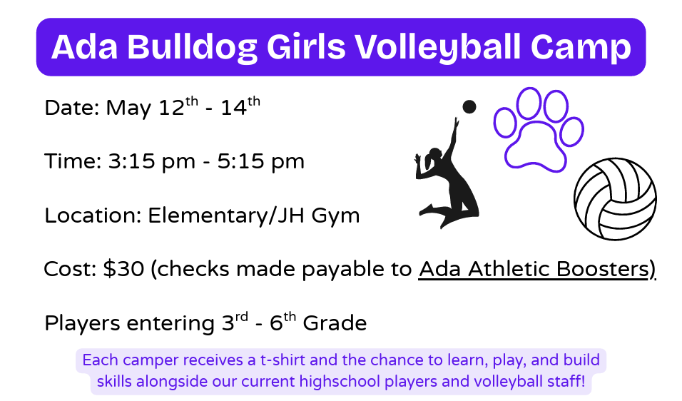 white graphic background with volleyball player image and details for camp