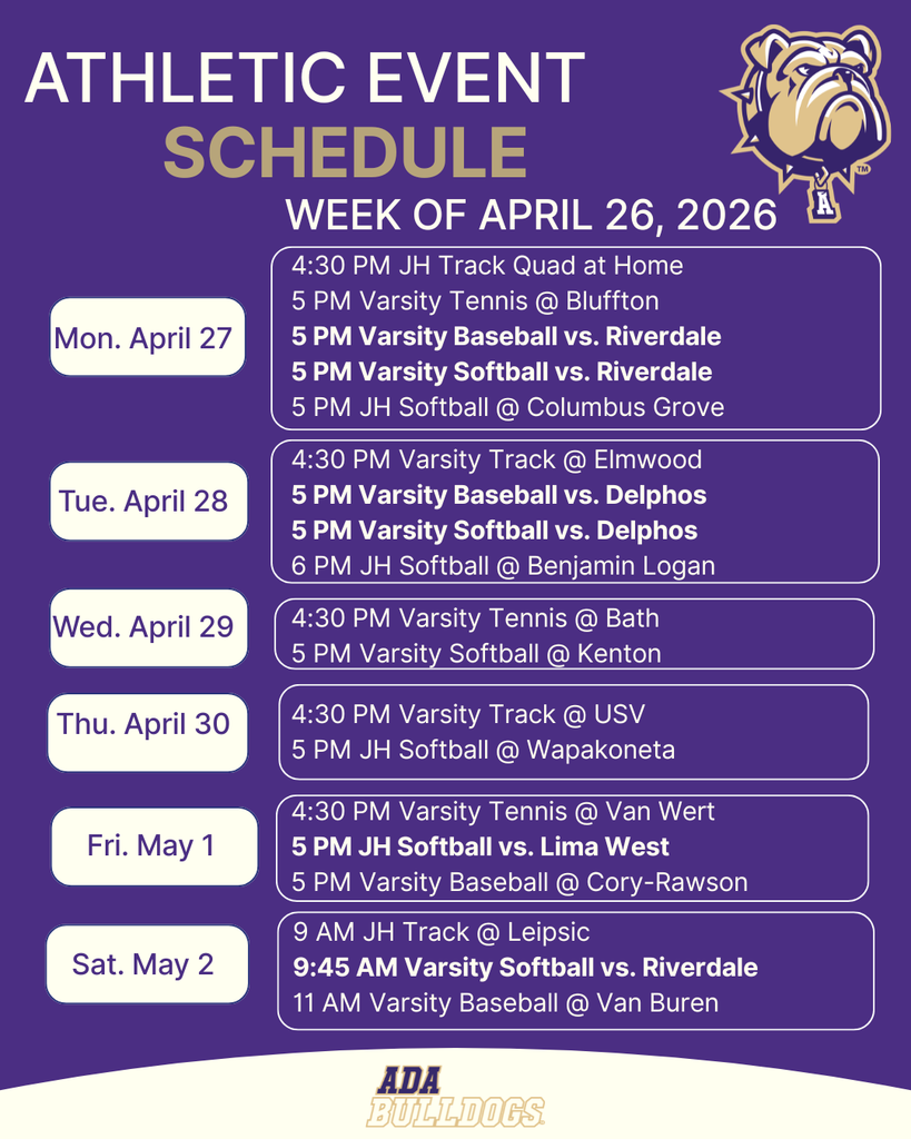 Purple background with white text and bulldog logo of the weekly athletic schedule 