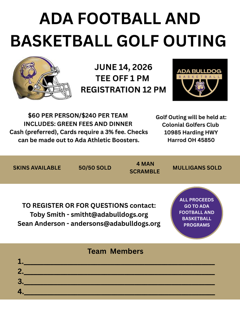 White flyer with football helmet and basketball ada bulldog logos