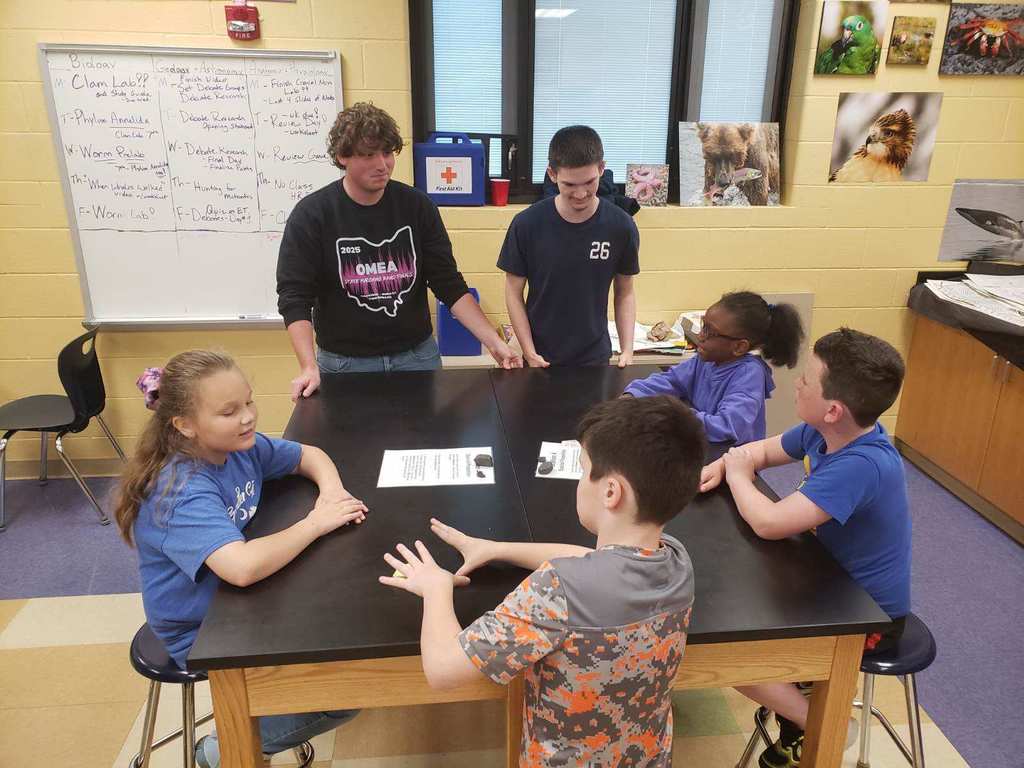 3rd grade students sitting at lab tables learning from high school students