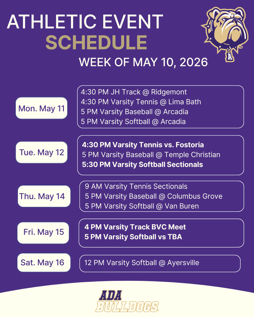 Purple background graphic with white text and the bulldog head logo