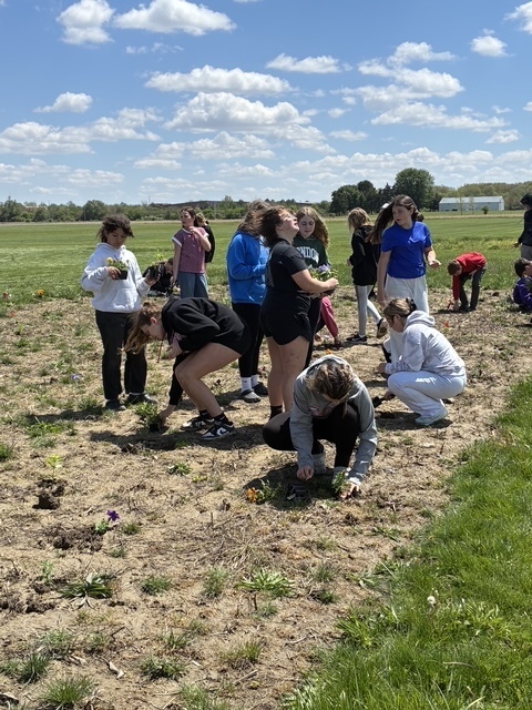 Students walking in the dirt planting seeds