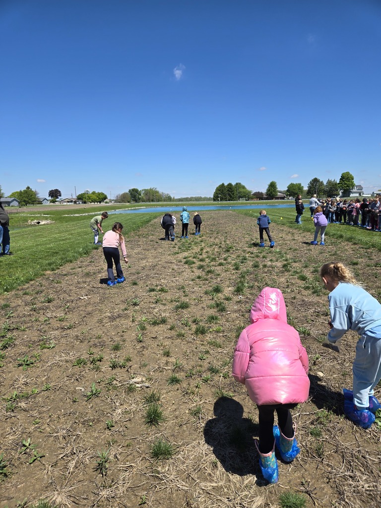 Students walking in the dirt planting seeds
