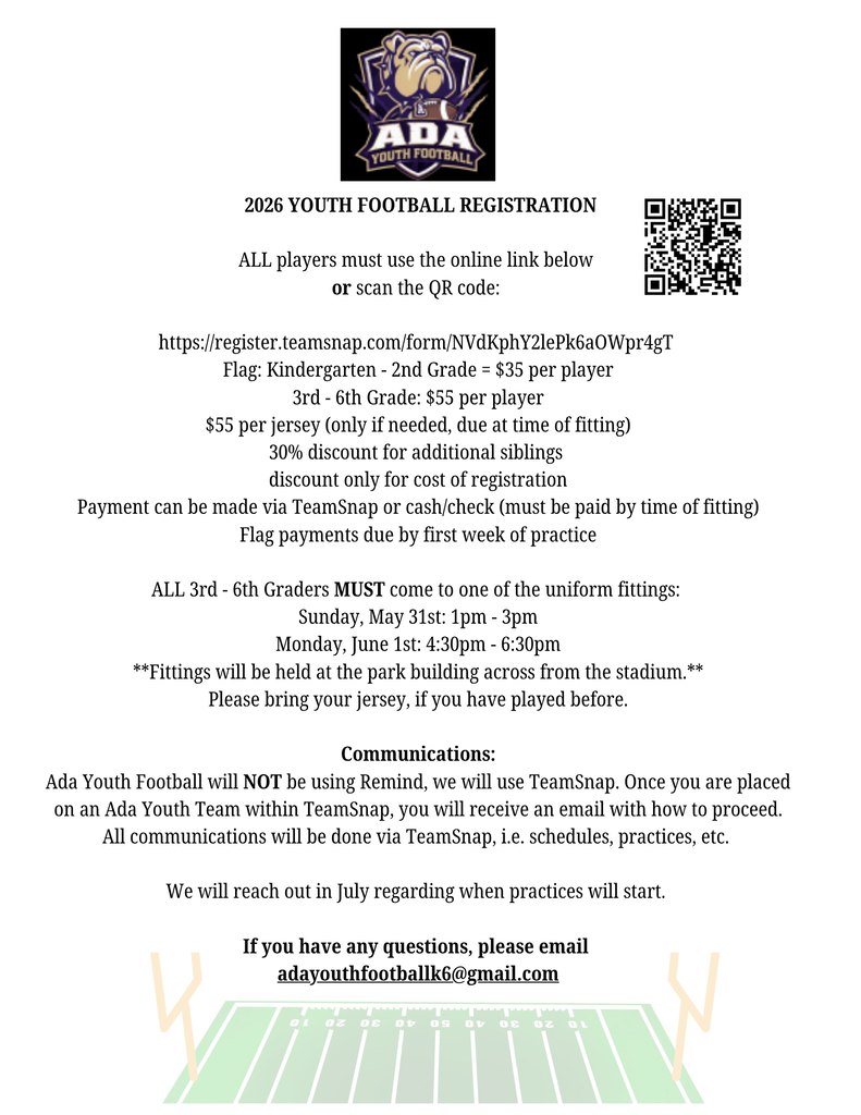 White flyer with black text and bulldog logo