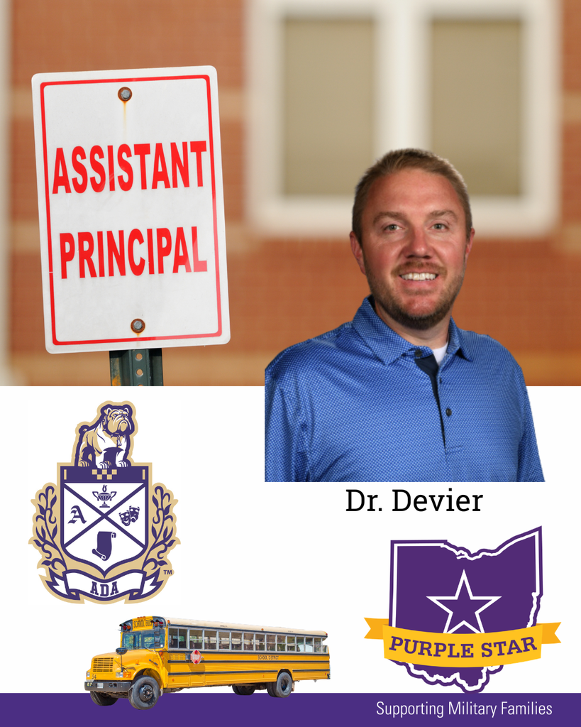 Graphic with man's photo in blue shirt, a school bus, Ada schools logo and purple star logo