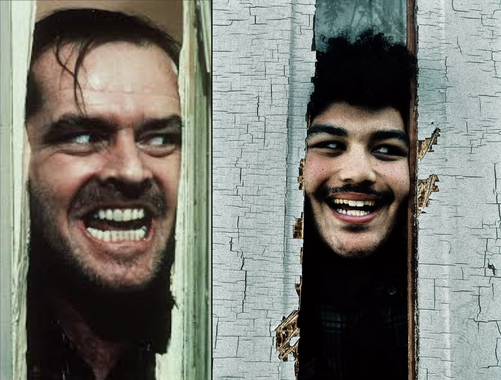Mans face between two peices of wood smiling