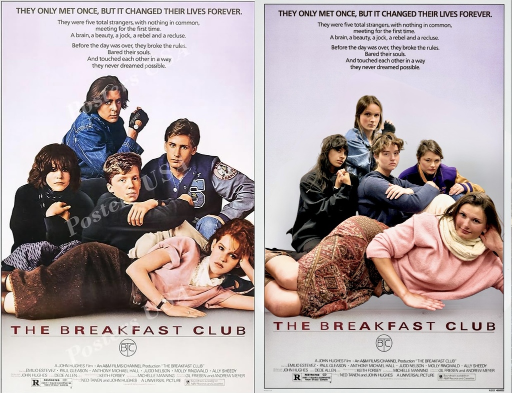 Five students lounging on each other recreating the breakfast club film poster