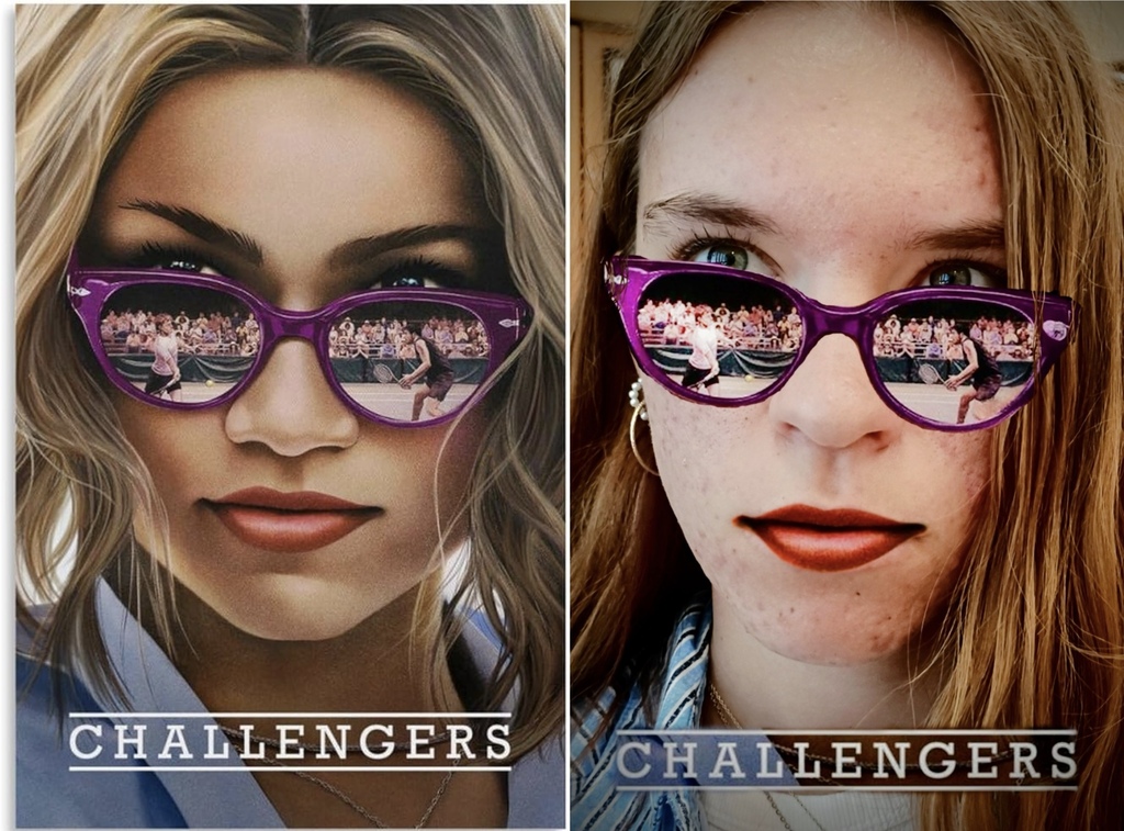 Woman with sunglasses eyes peering over the glasses staring at the camera 