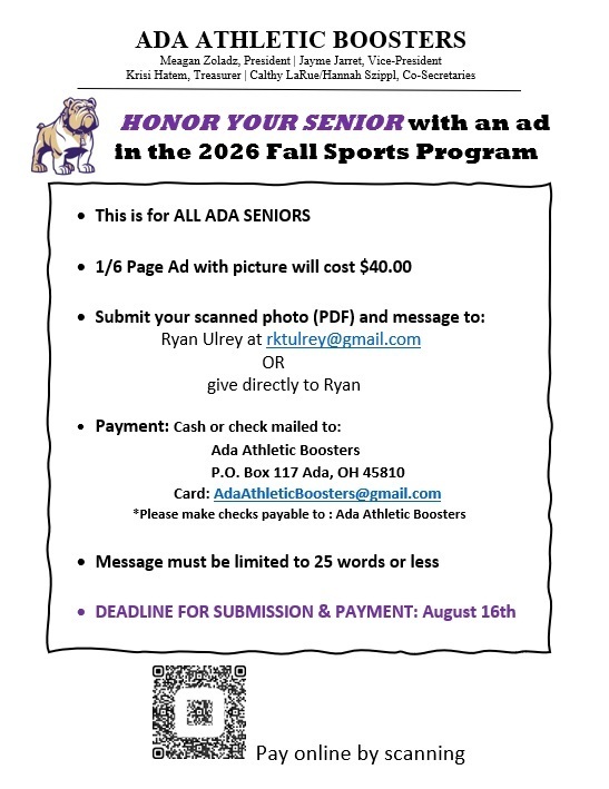 Athletic Booster Senior Ada poster. White poster with black text