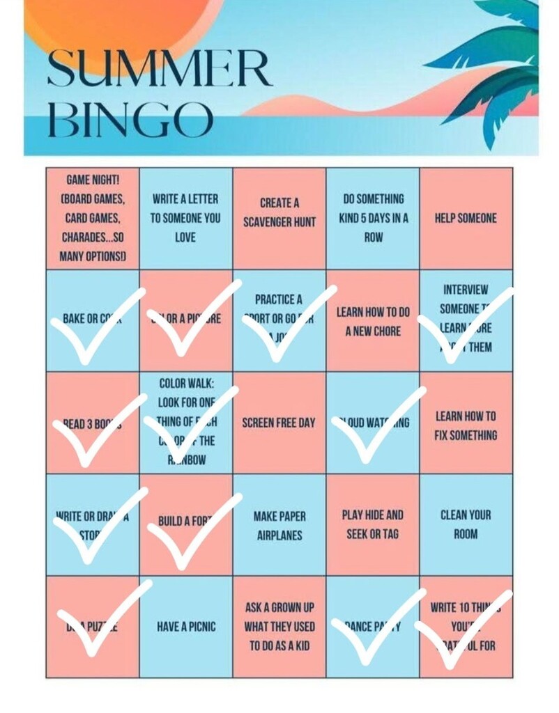 orange and blue checkered bingo card with white check marks