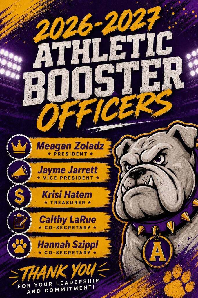 dark purple graphic with bulldog cartoon and gold ribbons with purple text