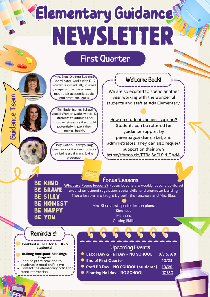 Bright multi color newsletter with three circle profile photos and purple text blocks with yellow and white font