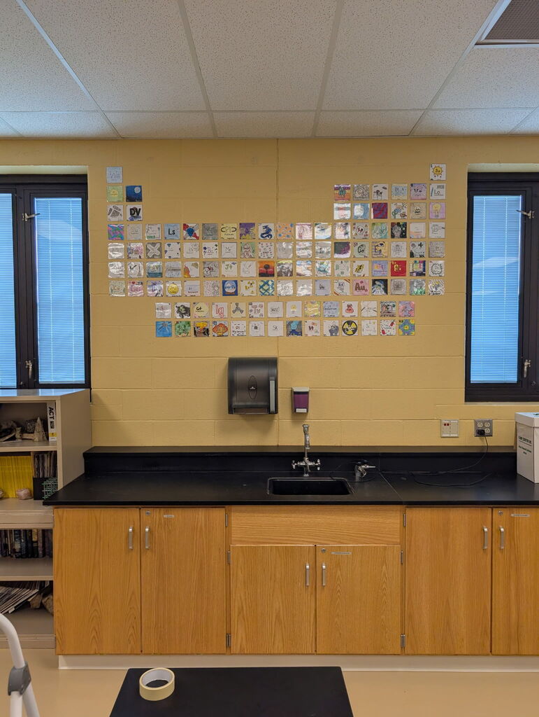 Periodic table of elements individually hung on the wall